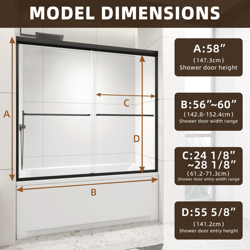 56-60" W x 58" H Semi-Frameless Bathtub Shower Door, Double Sliding Shower Door for Tub with 1/4" (6mm) Clear SGCC Tempered Glass, Matte Black Finish Shower Doors, Reversible Installation