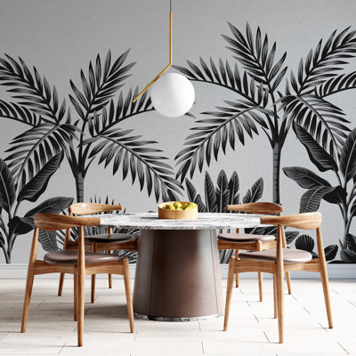 Murale jungle noire et blanche tropicale | Papier peint adhésif neutre sépia botanique | Décoration murale de salon amovible