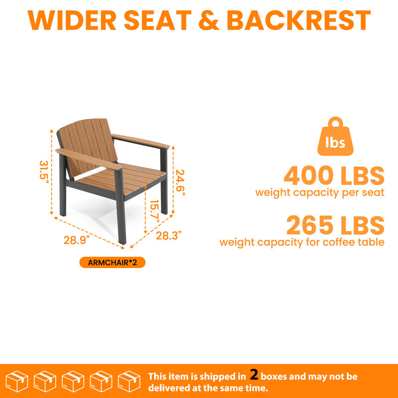 Aluminum Patio Furniture Armchair, All-Weather Outdoor Armchair Aluminum Frame HDPS Faux Wood, Patio Sofa Couch  for Porch, Balcony, Deck, Yard