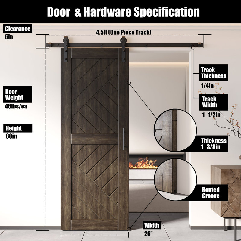 Porte de grange à motif géométrique non assemblée et fini 26 po x 80 po Homacer Ebony, 26 po x 80 po