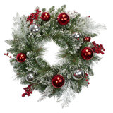 Flocked Mixed Pine with Ornaments and Berries Artificial Christmas Wreath 24-Inch Unlit