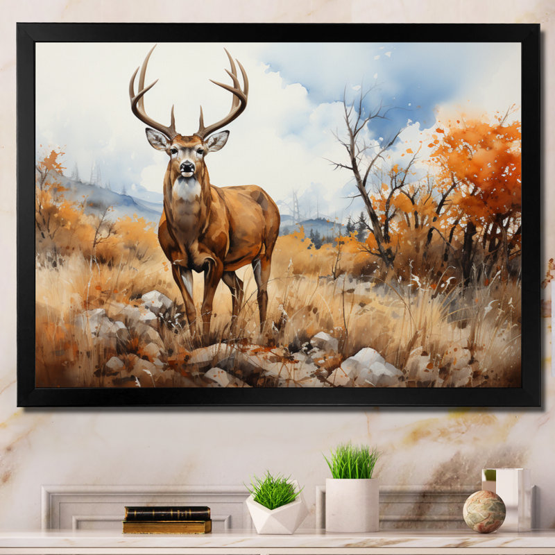 Cerf doré sérénité - reproduction sur toile, H 24 po x l 32 po x P 1 po, Cadre simple noir