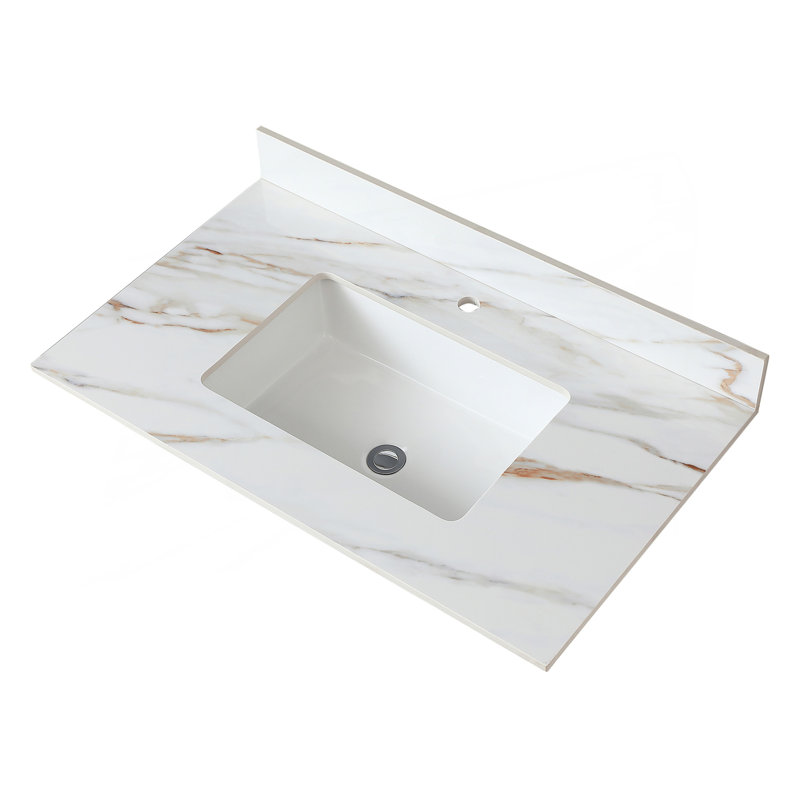 37 Inch Marble Vanity Top, Bathroom Vanity Top With Undermount Rectangular Middle Sink And 4" Height Backsplash, Pre-Drilled  Faucet Hole  Vanity Top, Carrara White With Veins
