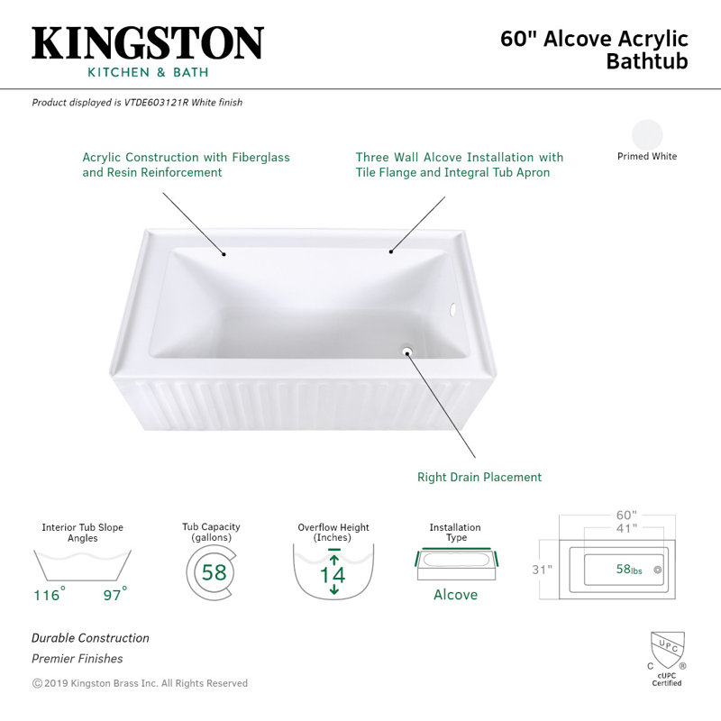 Kingston Brass Aqua Eden 60-Inch Acrylic Rectangular 3-Wall Alcove Tub, Drain Hole, Right