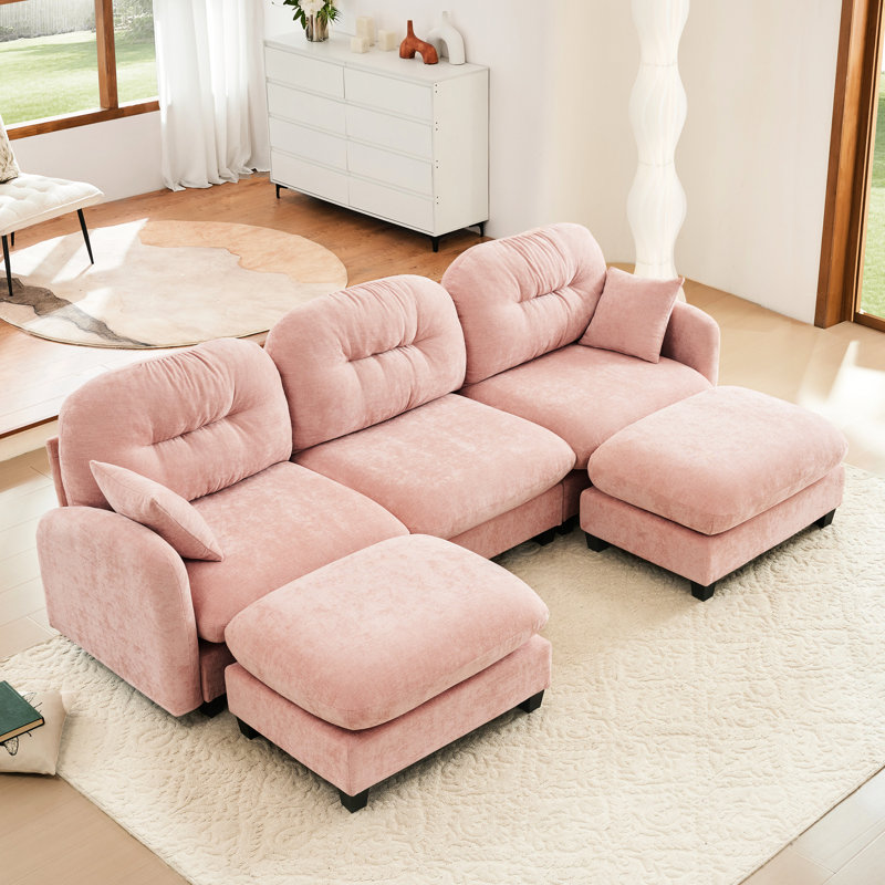 3 canapé modulaire rose avec courbe ergonomique, pour les espaces de lecture compacts en tissu de chenille en U, 2 coussins décoratifs, différentes combinaisons de pièces