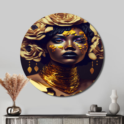 Gold And Black Floral Woman IX - Fashion Round Metal Art