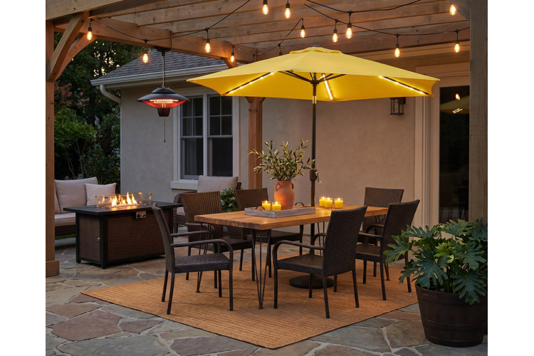 stone patio with a wooden pergola over a modern outdoor dining set with a yellow umbrella and jute rug.
