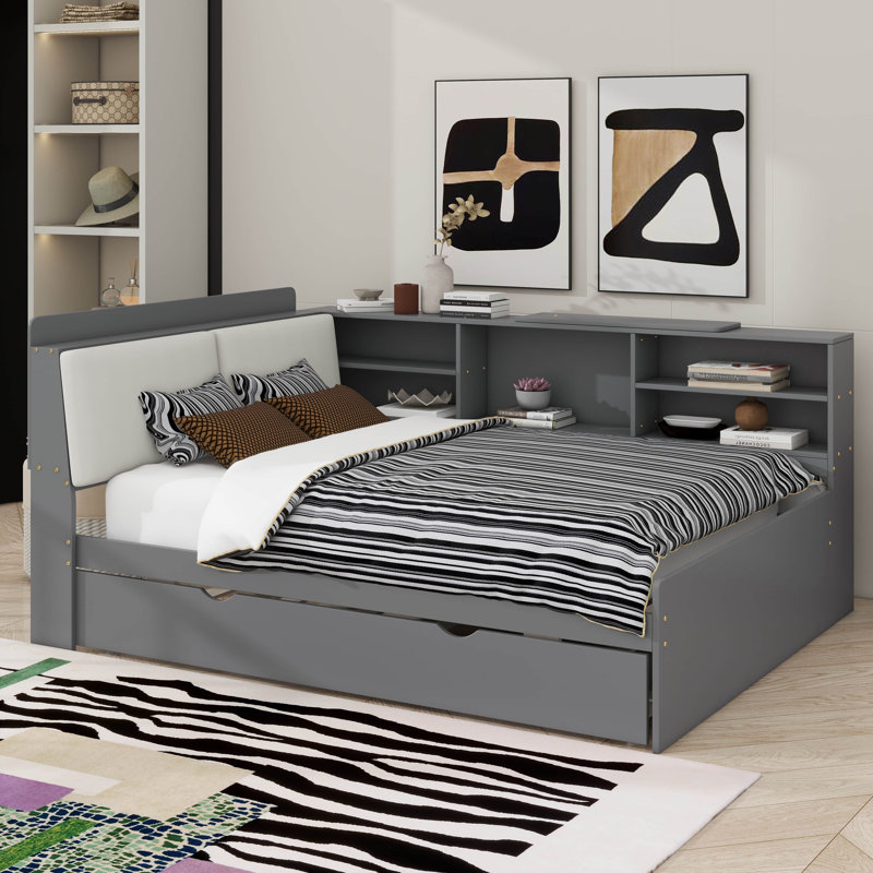 Lit plateforme simple avec lit gigogne, tablettes et tête de lit avec rangement, Gris, Double