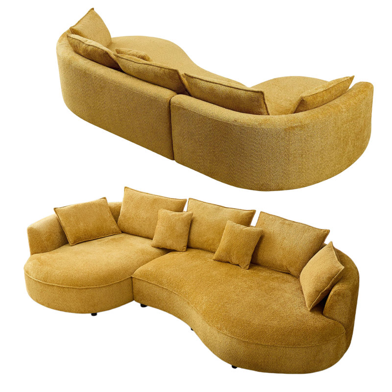 125" Curved Boucle Sectional Sofa With Chaise And 7 Pillows, Left Hand Facing, Mustard Yellow