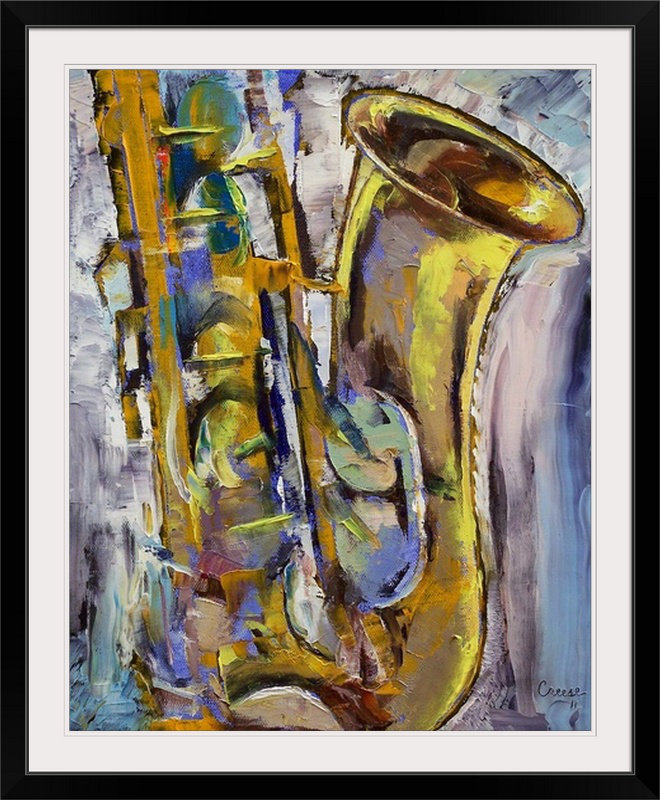 «Anjlee Jazz Sax» par Michael Creese, reproduction d'art, l 44 po x P 35 po x H 1 po, Cadre noir