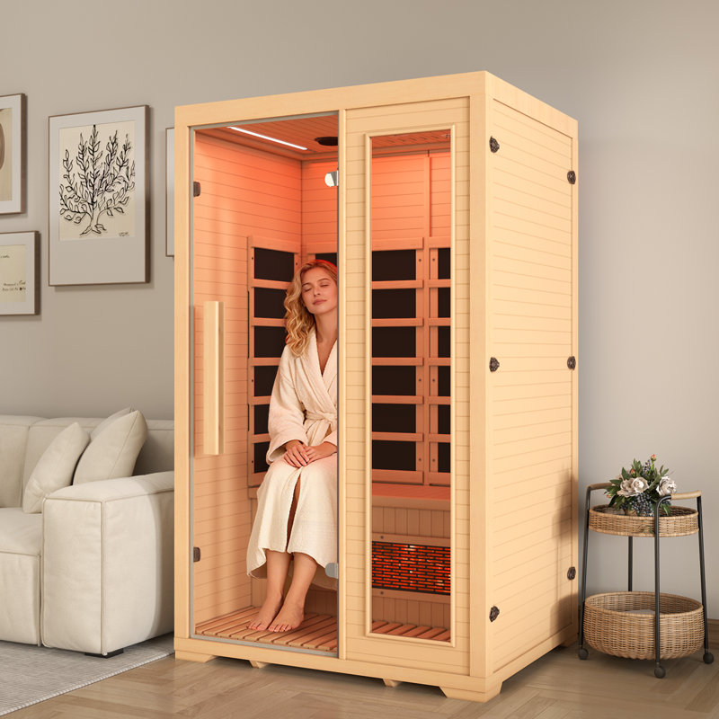 2-Person Infrared Sauna with Full Spectrum Heating - Indoor Dry Sauna Featuring 5 Carbon Panels, 1 Carbon Tube, Oxygen Bar, and 7 Color Light Strips, Made from Canadian Hemlock, 110V