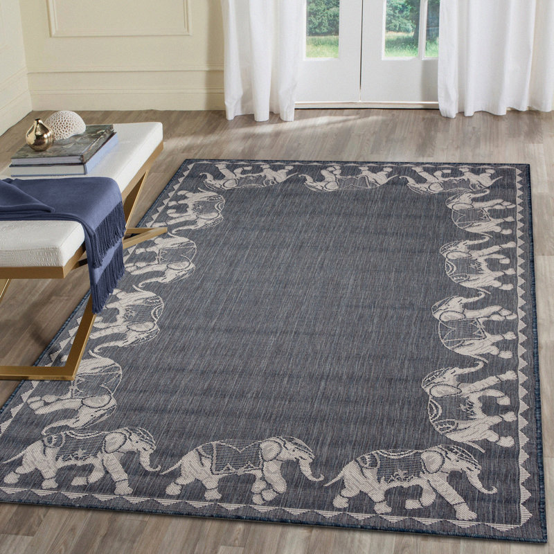 Humberto Marching Elephants Indoor/Outdoor Area Rug, Rectangle 3'3" x 4'11", Navy