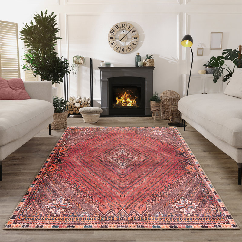 Tapis traditionnel lavable antidérapant 3 pi x 5 pi rouge / multicolore, Rectangulaire 3 pi x 5 pi