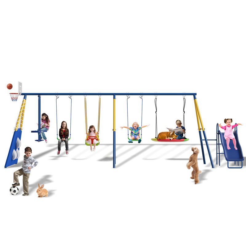 Ensemble de balançoires 8 en 1 pour cour arrière avec glissade pour enfants Ensemble de jeu en métal robuste pour enfants 550lbs