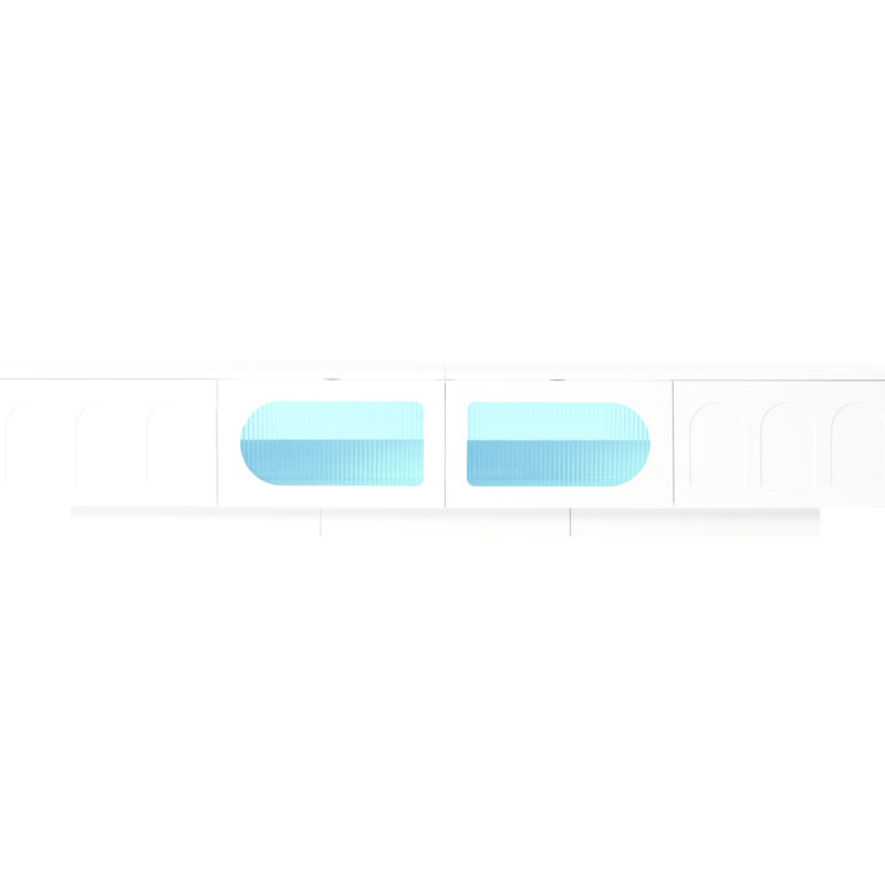 Meuble télé blanc pour les grandes téléviseurs de 95 po ou moins, avec portes d'armoire arquées et éclairage à DEL intelligent, console média fonctionnelle pour téléviseurs de 95 po, bande, salon spacieux