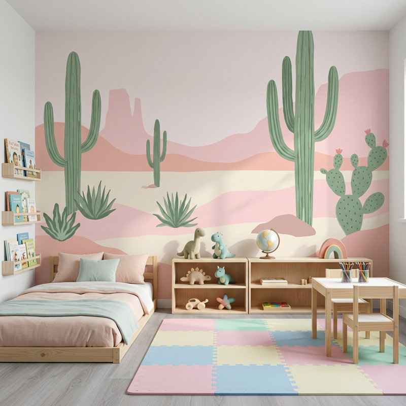Papier peint paysage désertique rose cactus Saguaro, 160 po x 108 po, Texturé non collé