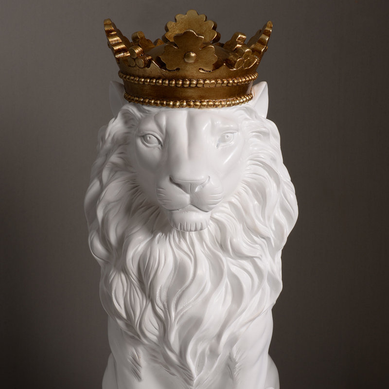 14.5" H Sitting Lion W/Crown Resin Statue Home Decor Living Room Display, White/Gold
