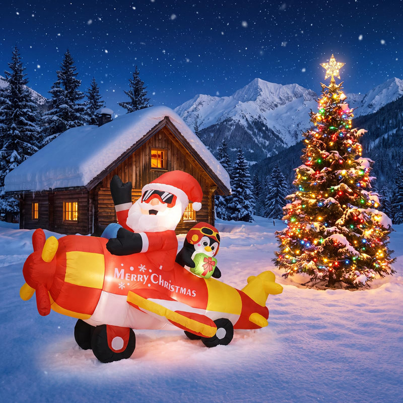 Décoration de Noël gonflable pour avion 8 pi - avion de Noël gonflable avec lumières DEL, polyester imperméable - prise USA, 1500 mA