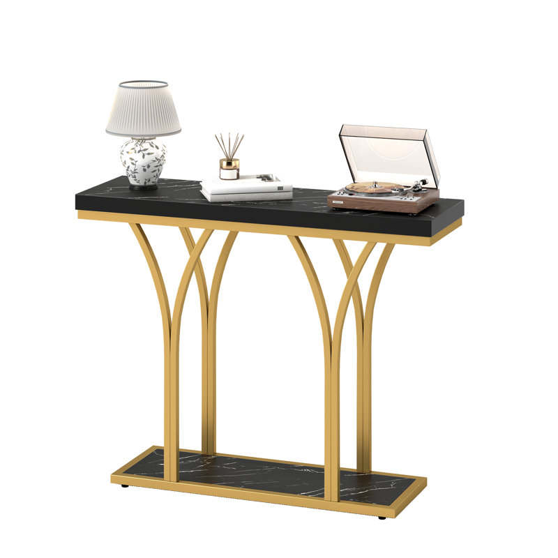 Faux Marble Console Table with Gold Metal Frame for Entryway or Living Room, Black Marble