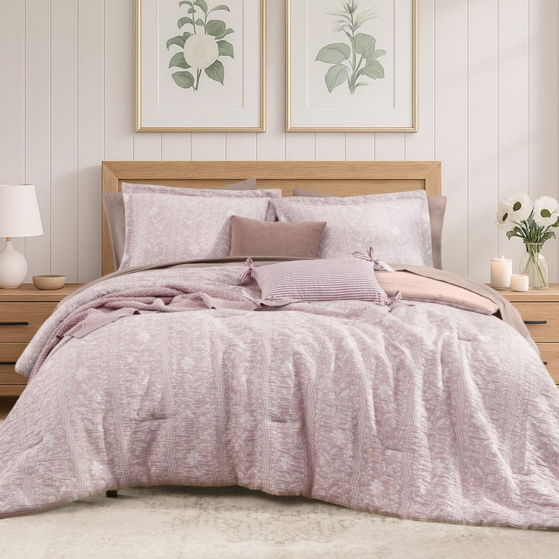 Comforter Set - 7 Pieces Pink Floral Bedding Sets for All Seasons, Farmhouse Bed in a Bag Queen with Wildflowers Fluffy Comforter, Sheets, Pillowcases & Shams