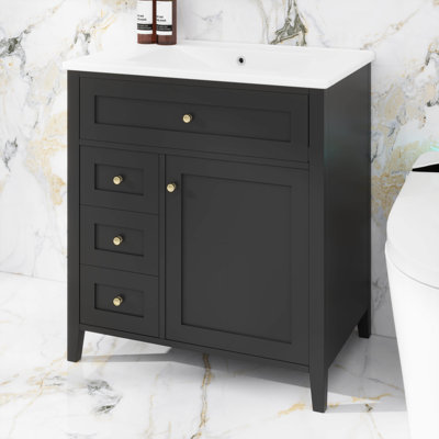 Meuble-lavabo de salle de bain avec lavabo, un tiroir basculant, trois tiroirs, tablette de porte
