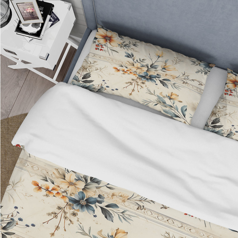 Ensemble de housse de couette Vintage Neutrals Mosaic Flowers III, Housse de couette pour grand lit et 2 taies décor