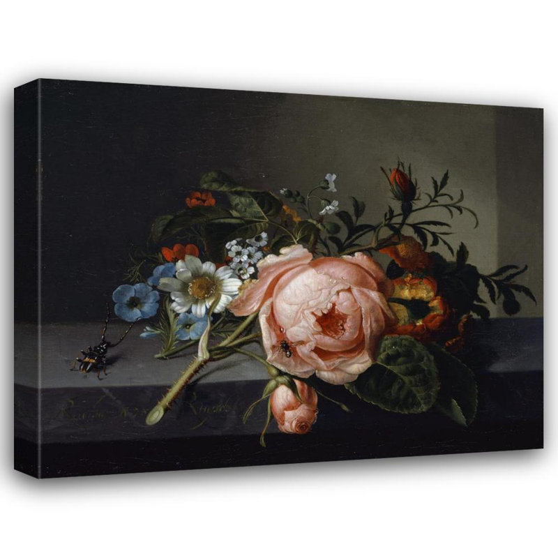 «Still Life with Rose Branch, Beetle and Bee» par Rachel Ruysch, reproduction d'art sur toile tendue avec châssis