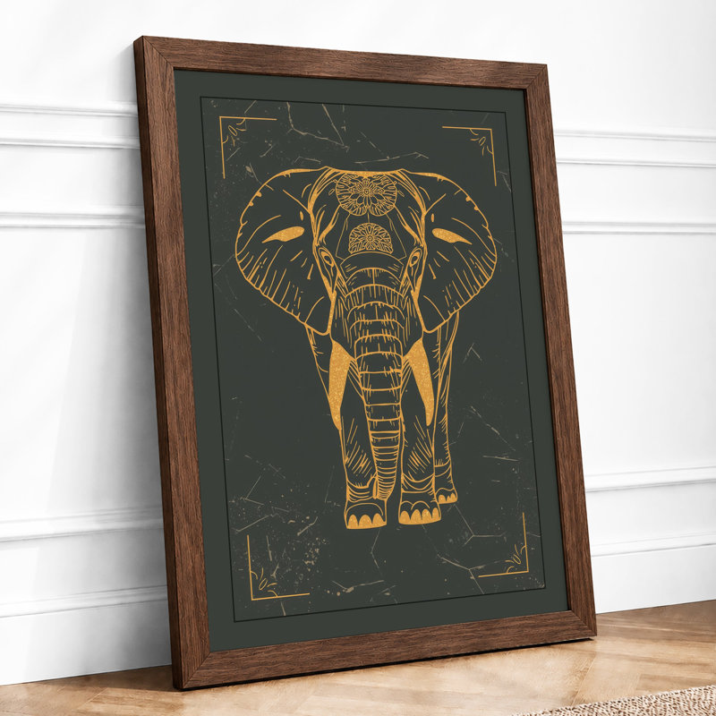 Golden Elephant Crest Art Deco - Framed Print, A4 - 29.7 x 21.0 cm, Walnut