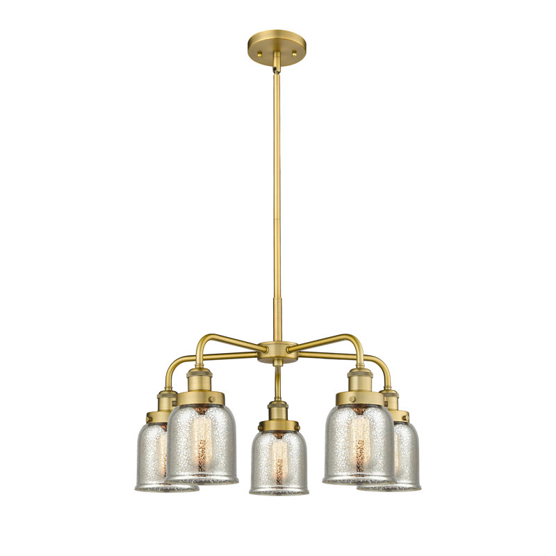 Lustre en verre à 5 lumières Bell, Argent mercuré plaqué, Laiton brossé