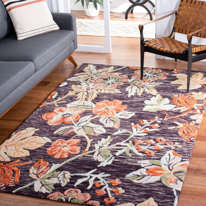 Tavant Hand Tufted Wool/Cotton Floral Rug in Charcoal/Orange, Rectangle 8' x 10'