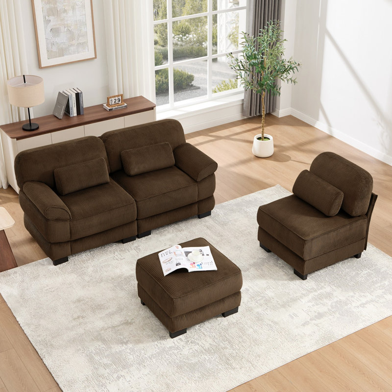 Canapé d'angle modulaire surdimensionné en forme de L, canapé trois places avec pouf, tissu velours côtelé, pour salon, chambre ou appartement