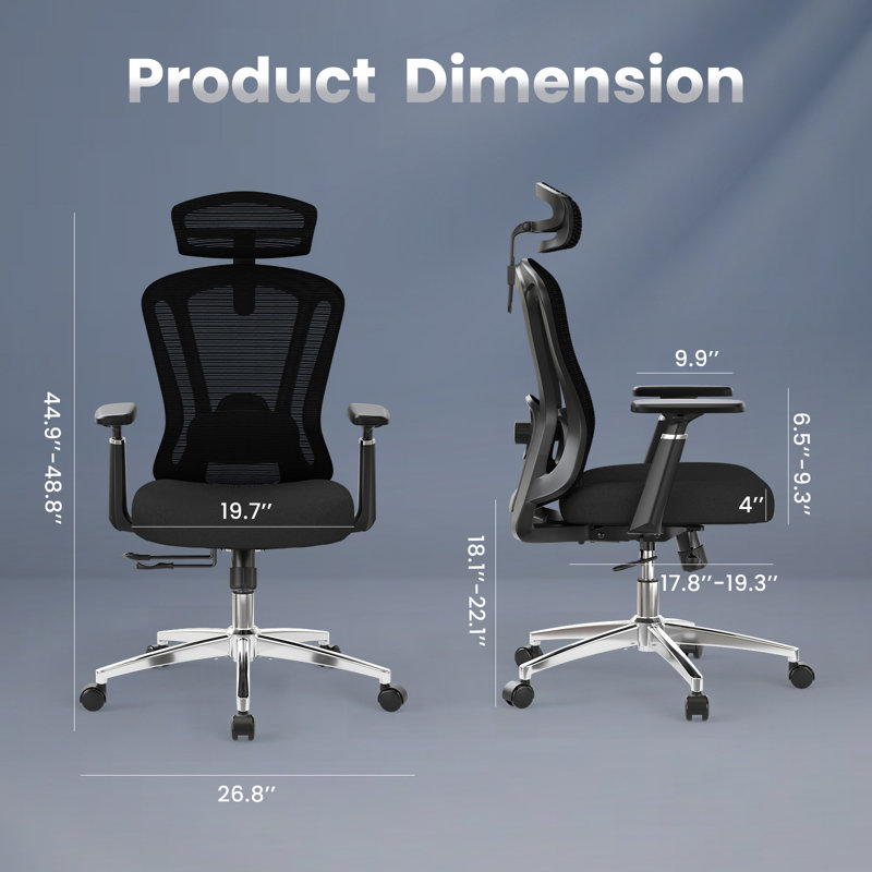 Chaise de bureau en filet avec accoudoirs 3D et appui-tête réglable, noir, Noir