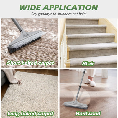 2 in 1 Carpet Rake for Pet Hair Removal, Adjustable Long Handle Rug Rake with Nylon Groomer Brush, Fluffs Shag Rugs, Stairs, Mats & Floors