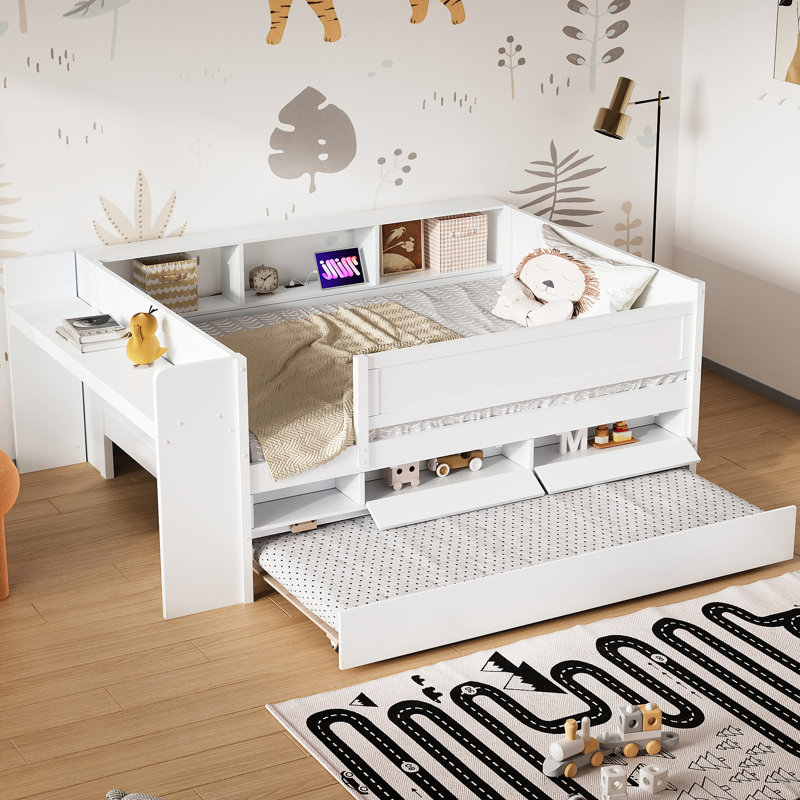 Lit de jour simple avec tiroirs et couchette, rangement pour la tête de lit, tables, tiroirs White Delight, finition pure