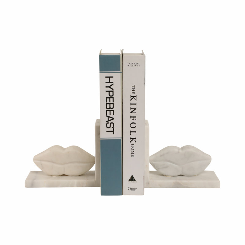 Bookends Marble Stone Lip-Shaped Sculptural Design 6x3x5 Inches White Contemporary Modern for Home Office Set of 2