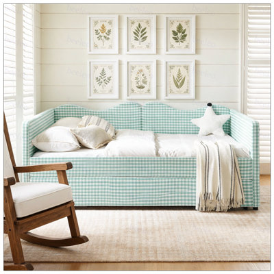 Full‑Size Daybed,Gingham Upholstered Daybed Equipped with Pull-Out Trundle Bed Frame & Side Storage Pocket, Solid Wood Frame Multi-Functional Sofa Bed for Kids Room & Guest Bedroom-CYAN