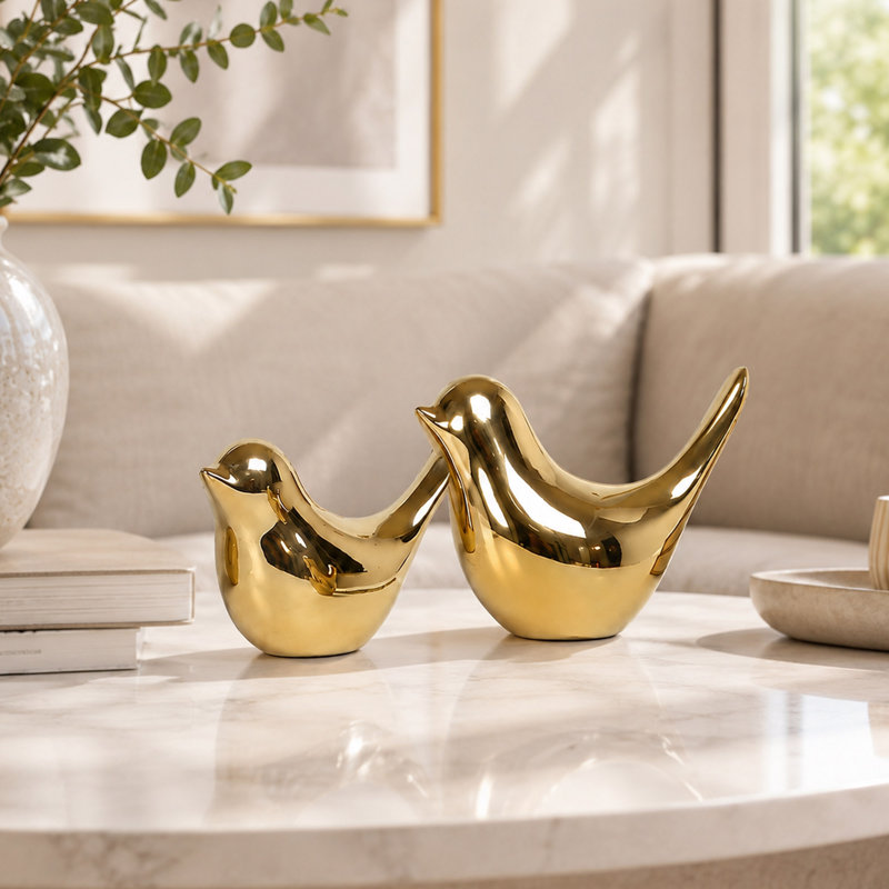 2-Piece Gold Ceramic Bird Figurine Set