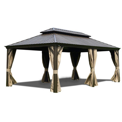 Alexander Dark Brown Double Roof Hardtop Gazebo with Curtain and Mosquito Netting
