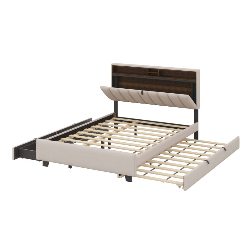 Lit plateforme tapissier avec tête de lit, Beige, Lit double 