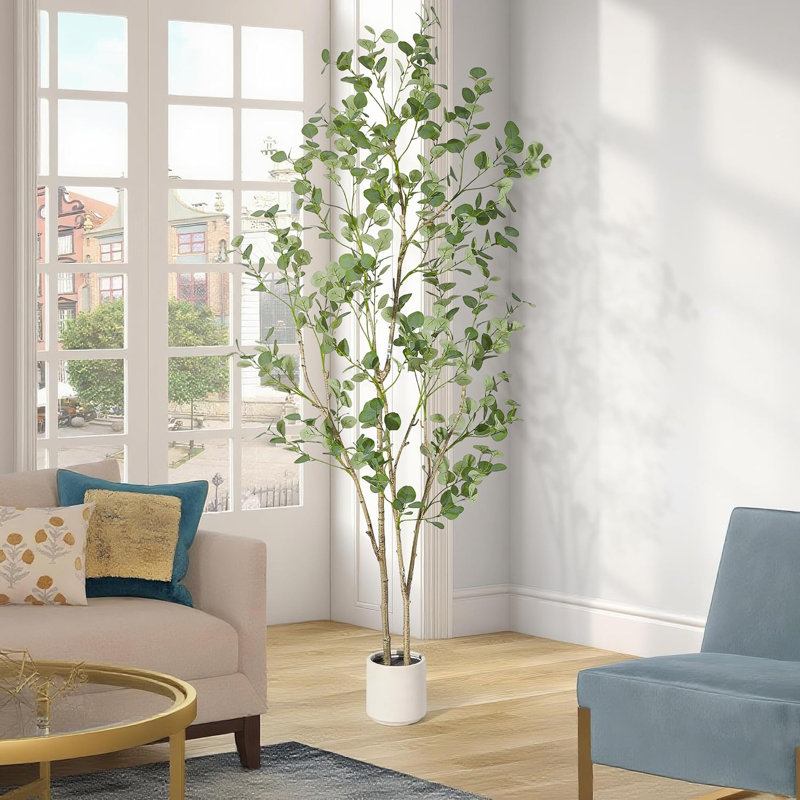 Arbre d'eucalyptus artificiel de 5 pi, grande plante d'eucalyptus avec des feuilles de dollar argenté, faux arbre d'intérieur dans une grange en poterie blanche pour la maison, le bureau, le salon, le décor moderne