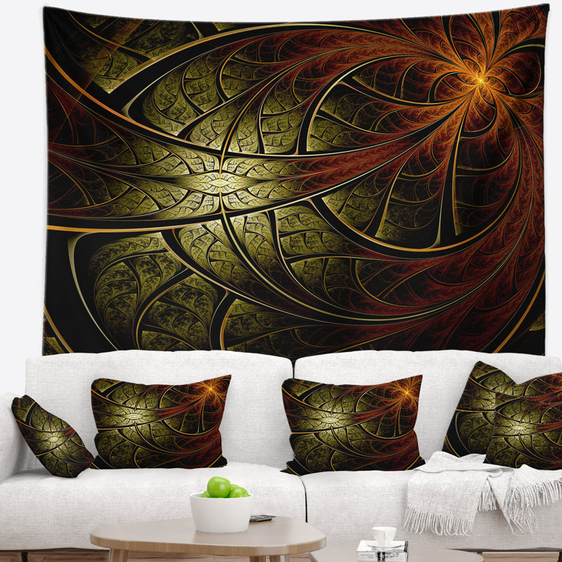 Tapisserie de fleur de tissu métallisé jaune rouge abstrait, H 32 po x l 39 po