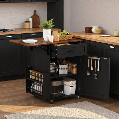 Farmhouse Kitchen Island With Drop Leaf, Open Side Rack, One Drawer, Towel Rack And Wheels