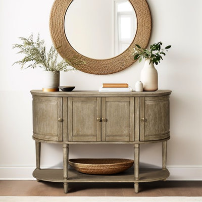 Armoire décorative, 4 portes avec loquets magnétiques, construction en bois massif, tablettes réglables, tablette inférieure de l 47,5 po x P 17 po, placage, rangement polyvalent