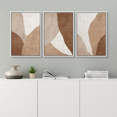 Abstract Neutral Beige Tan Brown Modern Framed Canvas Master Bedroom Wall Art Set 3 Print