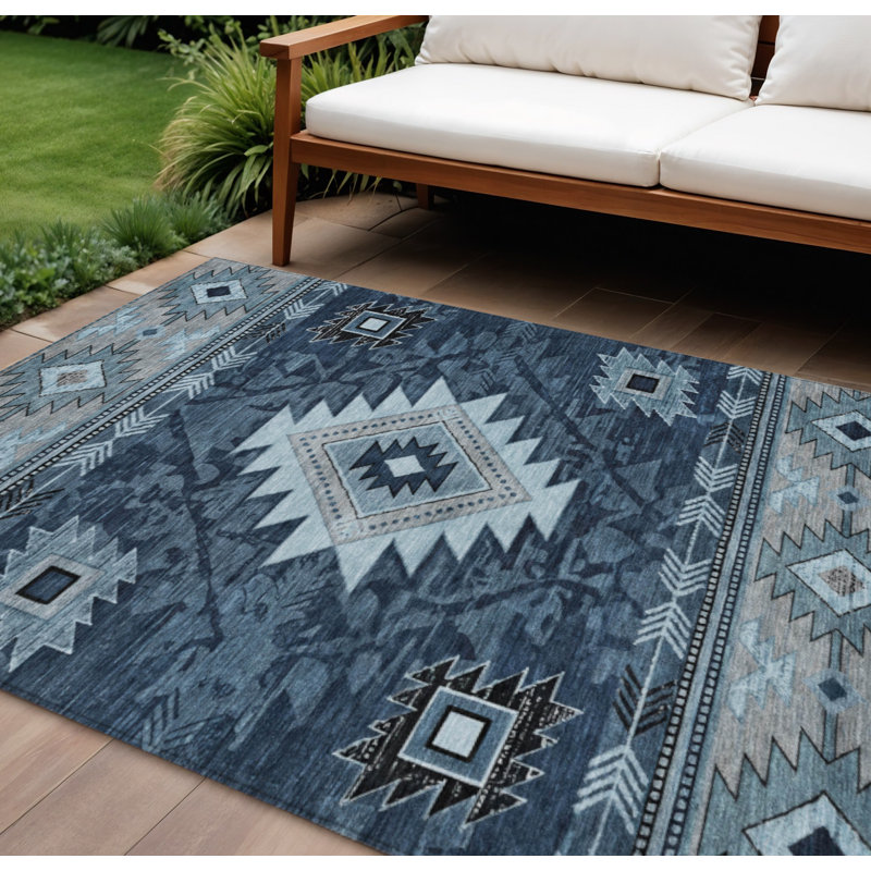 Tapis intérieur/extérieur lavable, bleu, ivoire et anthracite, motif tribal, 2,74 m x 3,66 m