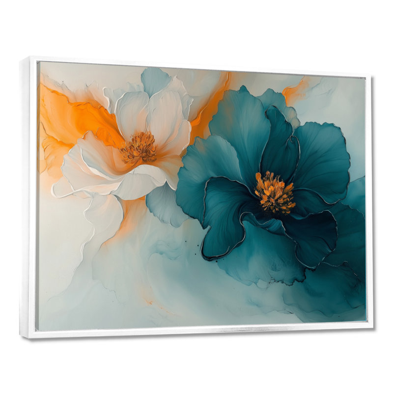 Abstrait, Renoncule doré et lueur turquoise I - Renoncule, art mural, H 12 po x l 20 po, Picture Framed, Blanc