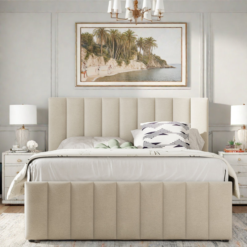 Lit plateforme tapissier avec lit gigogne simple, 3 tiroirs et tête de lit à rayures, Beige