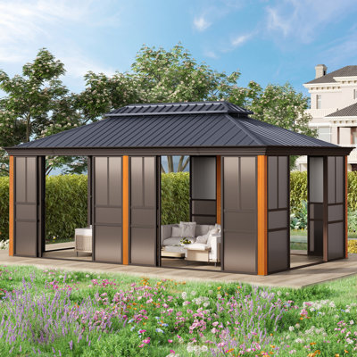 20 pi L 12 pi. D Pavillon de jardin d'extérieur à toit rigide - Solarium en aluminium entièrement fermé avec finition grain de bois, portes coulissantes et fenêtres coulissantes en PE et double toit en acier galvanisé pour patio, terrasse et spa
