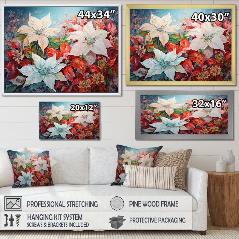 «Poinsettias White and Red Blossom - Flower Field», reproduction d'art sur toile, Cadre flottant doré