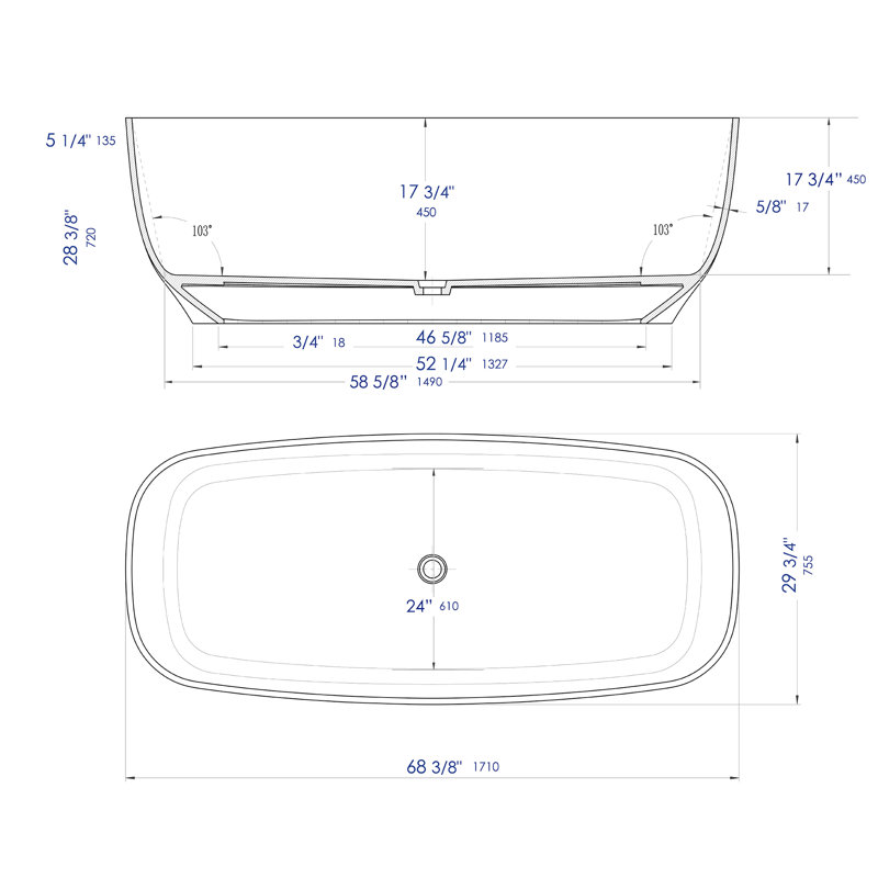 Baignoire de trempage autoportante 68 po. X 29 po.
